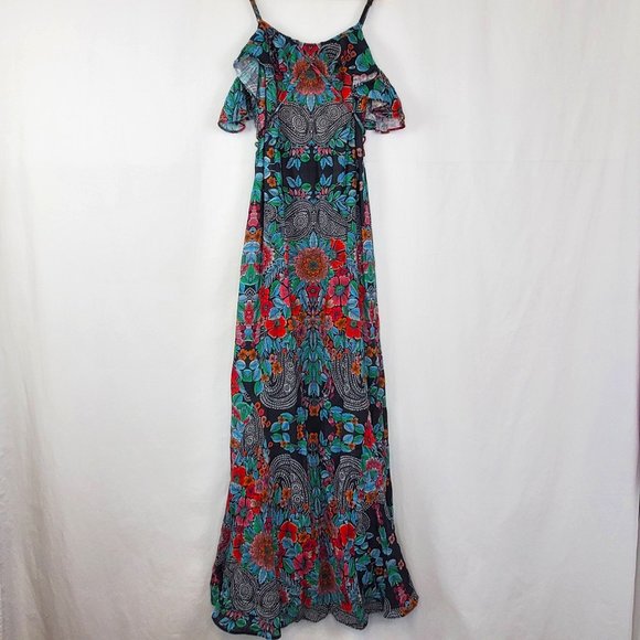 Sky Nesermy Beautiful Floral & Paisley Off the Shoulder Ruffle Top Maxi Dress - Picture 5 of 16
